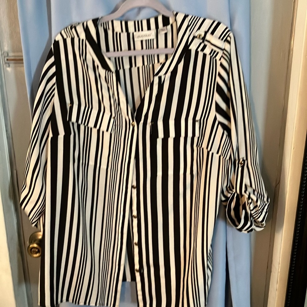 Avenue Black and White Striped Button Down Shirt
